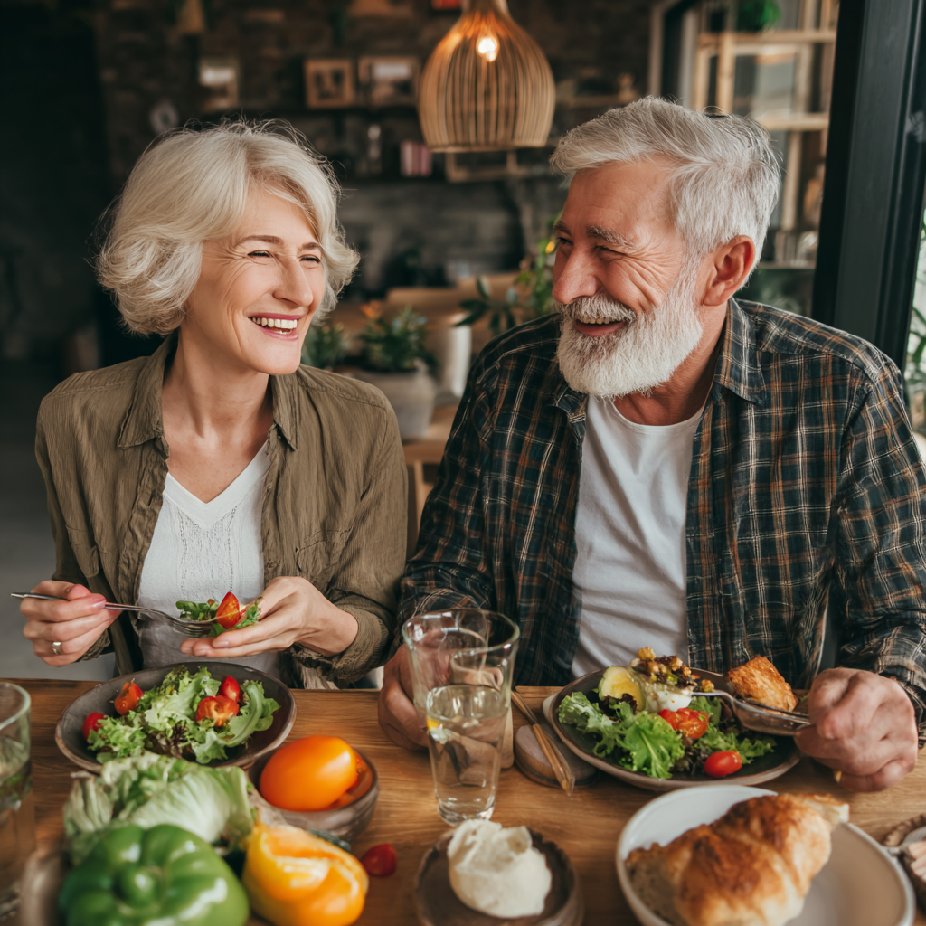 Mature adults enjoying healthy meal together with nutritious food and positive lifestyle