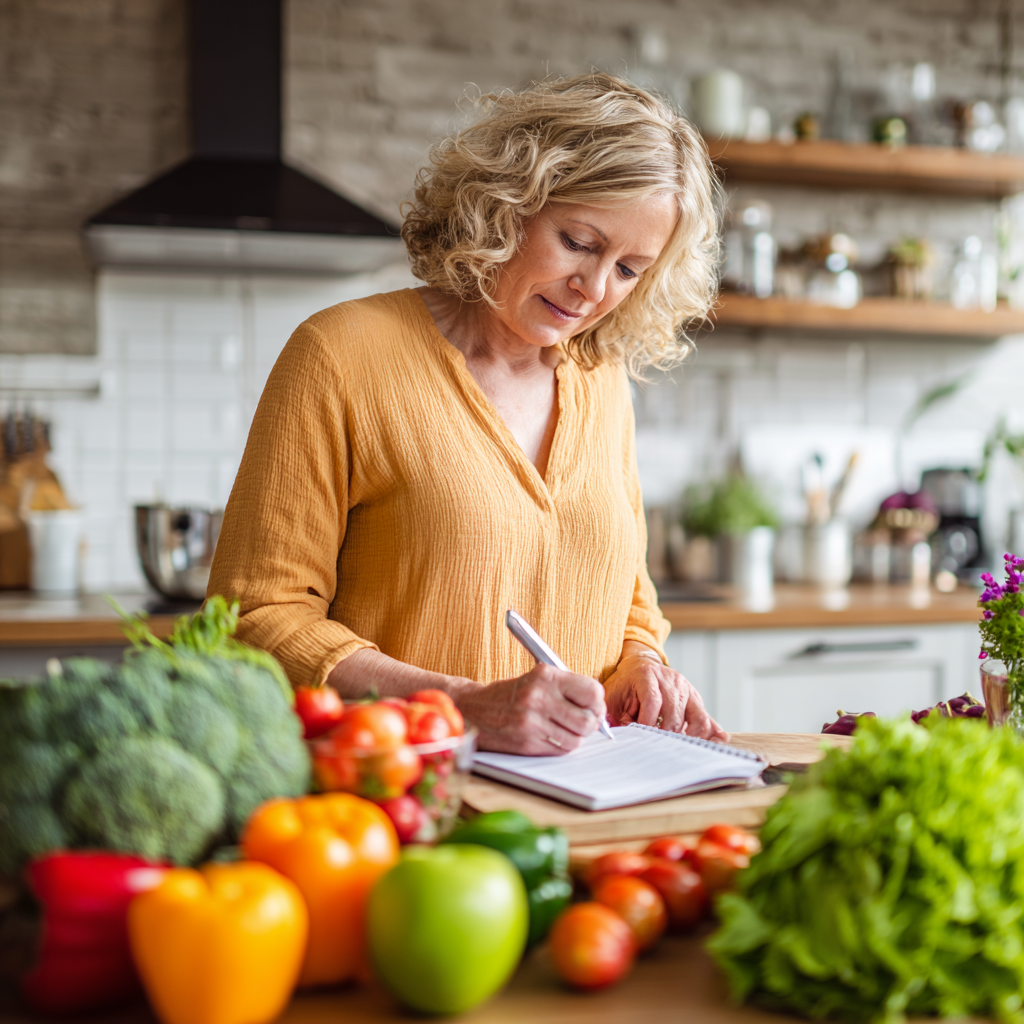 Middle-aged woman preparing healthy meal with colorful vegetables and planning nutrition